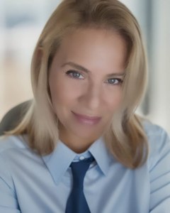 Portrait of the Modern Nonni wearing a light blue shirt and navy tie